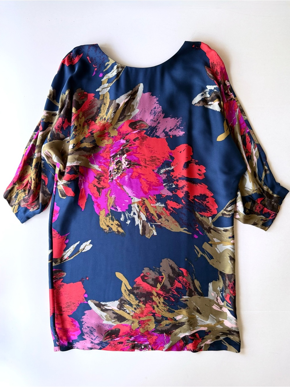 Trina Turk Navy Blue Silk Satin Caftan Style V-Back Floral Print Midi Dress M - Picture 6 of 14